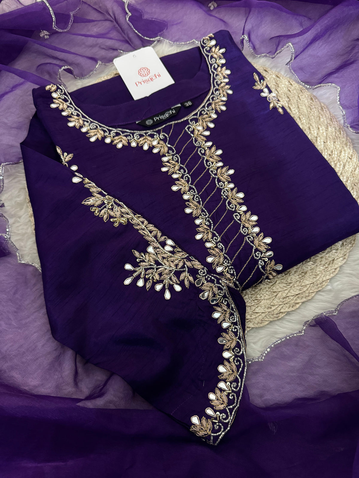 Women’s Mirror Work & Zardozi Embroidered Kurta Set with Dupatta & Pants