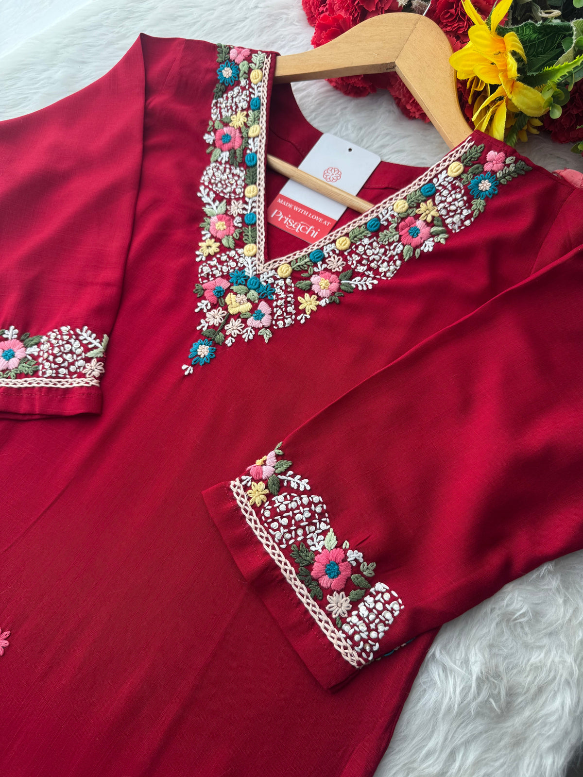Maroon Thread Embroidered Kurti Pant Co-ord Set | Ethnic Office & Daily Wear