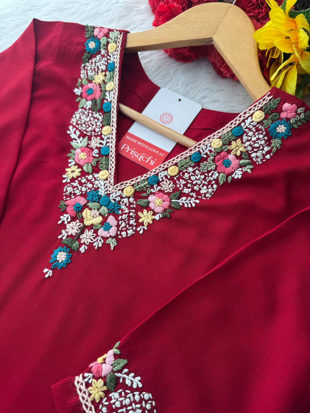 Maroon Thread Embroidered Kurti Pant Co-ord Set | Ethnic Office & Daily Wear