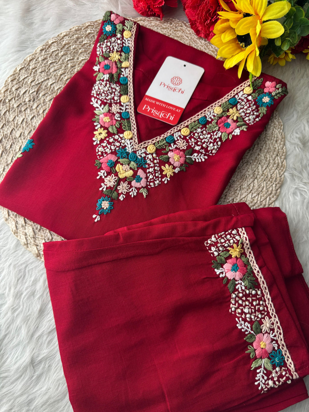 Maroon Thread Embroidered Kurti Pant Co-ord Set | Ethnic Office & Daily Wear