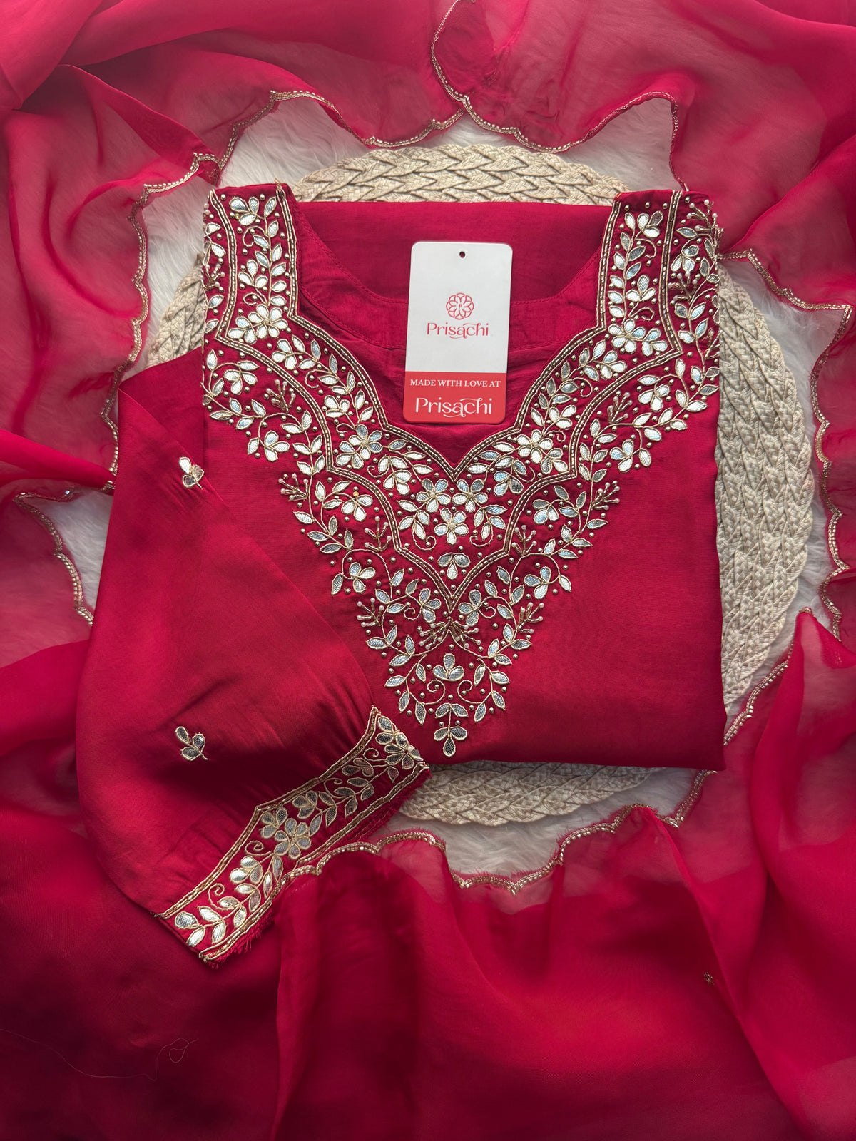 Women Embroidered Kurta Set with Pant & Dupatta | Rani Pink & Navy Blue Ethnic Wear