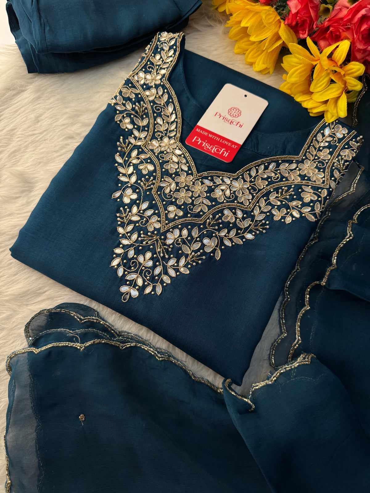 Women Embroidered Kurta Set with Pant & Dupatta | Rani Pink & Navy Blue Ethnic Wear