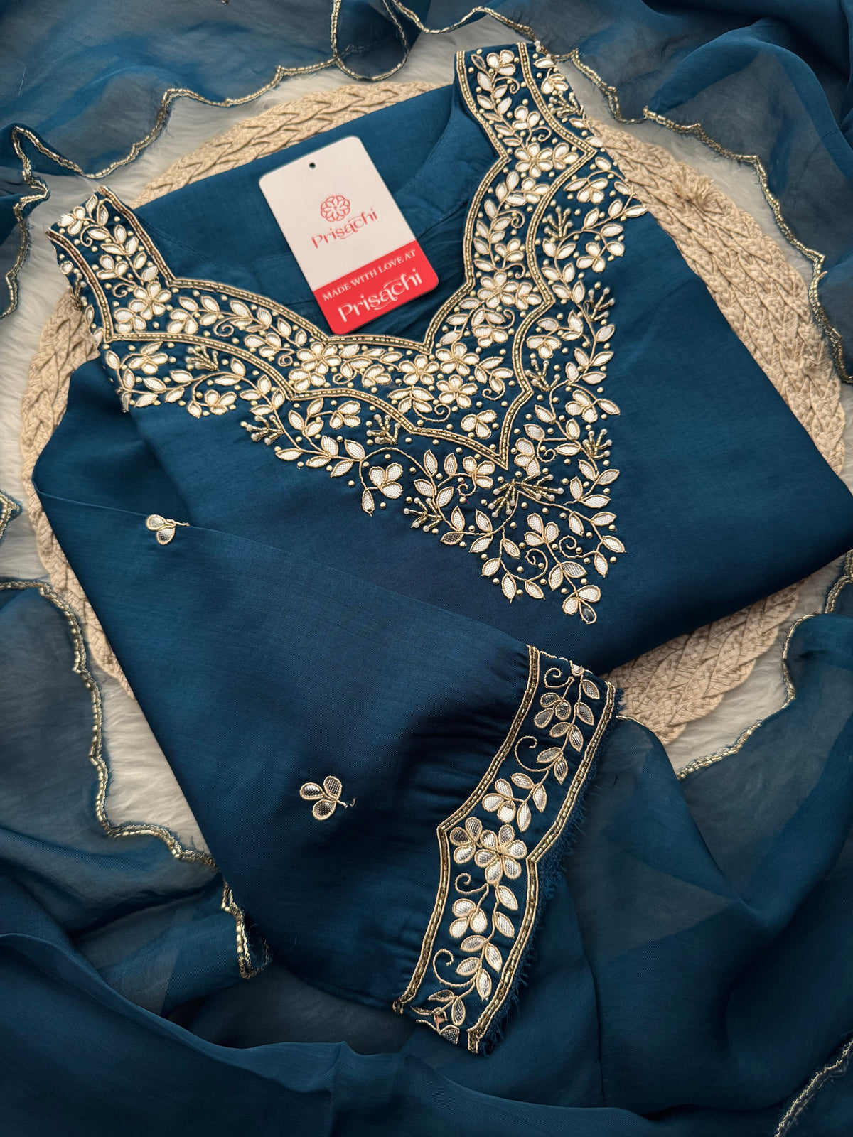 Women Embroidered Kurta Set with Pant & Dupatta | Rani Pink & Navy Blue Ethnic Wear