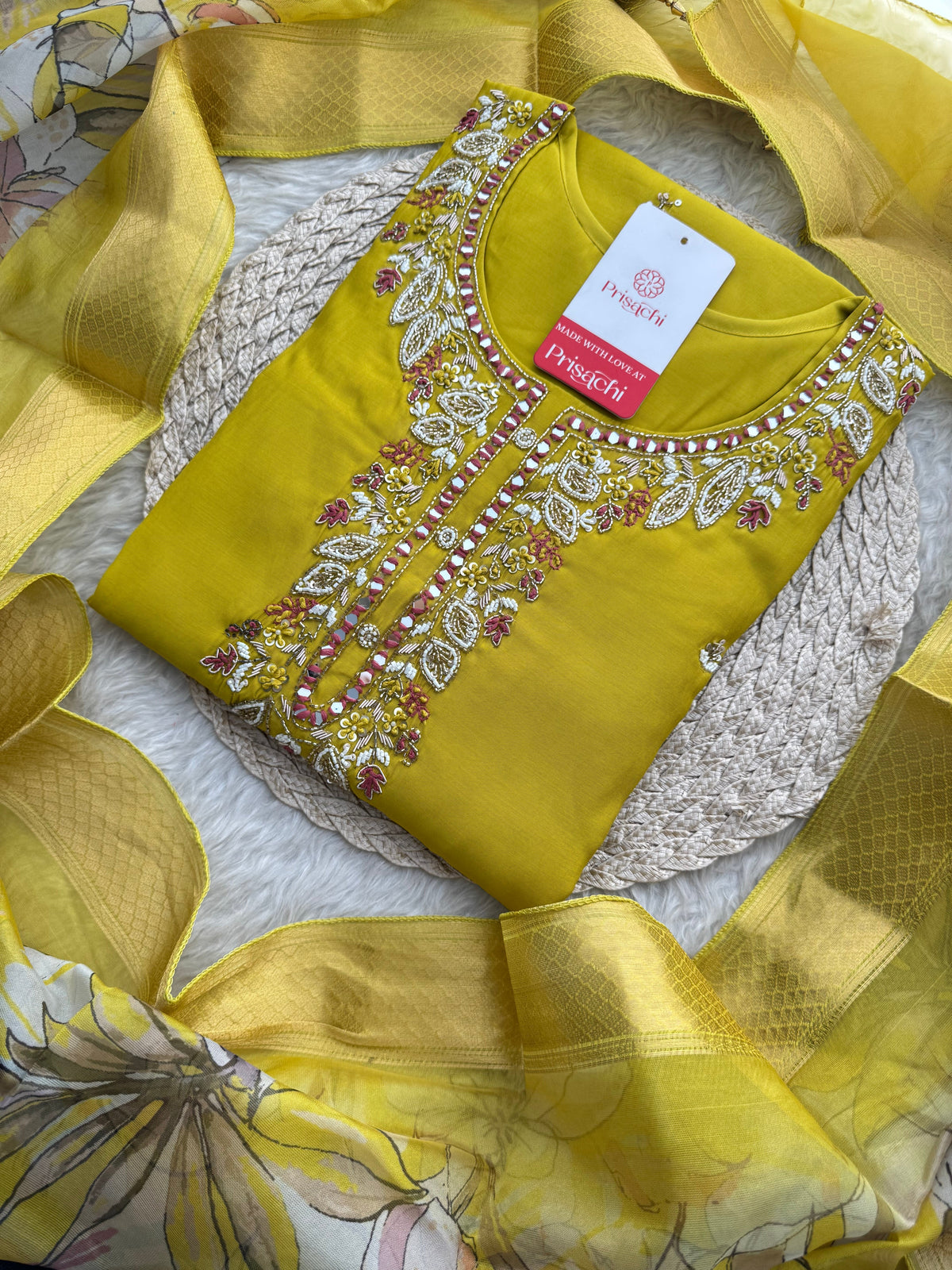Mustard Yellow Embroidered Ethnic Kurta Set with Pants & Dupatta