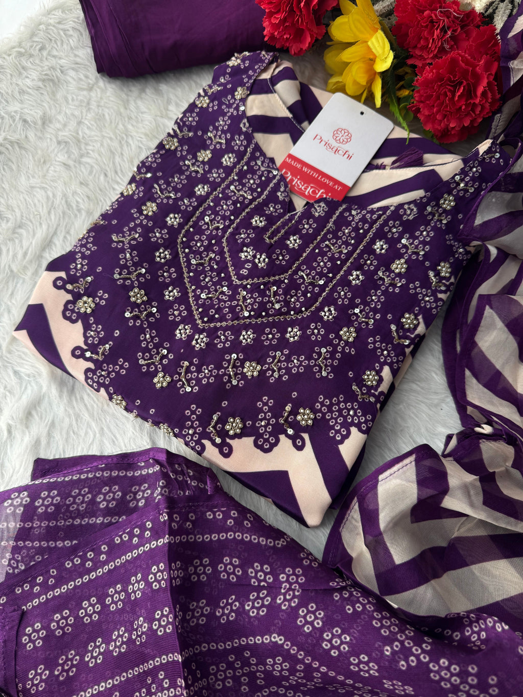 Purple Chevron Print Kurta Set with Pants & Dupatta| Embroidered Yoke Ethnic Office & Festive Wear