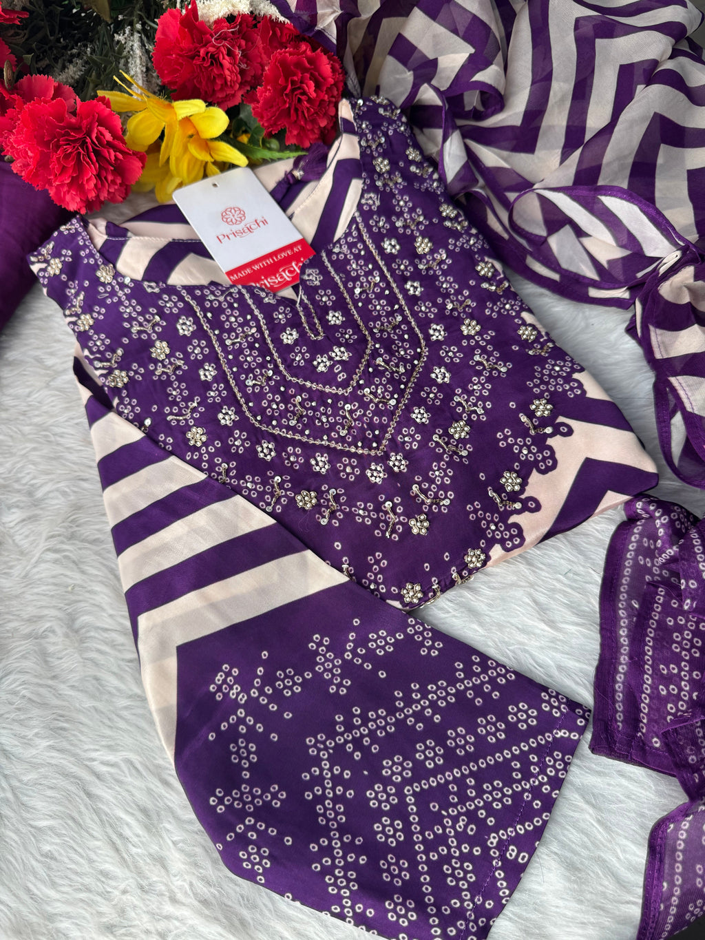 Purple Chevron Print Kurta Set with Pants & Dupatta| Embroidered Yoke Ethnic Office & Festive Wear