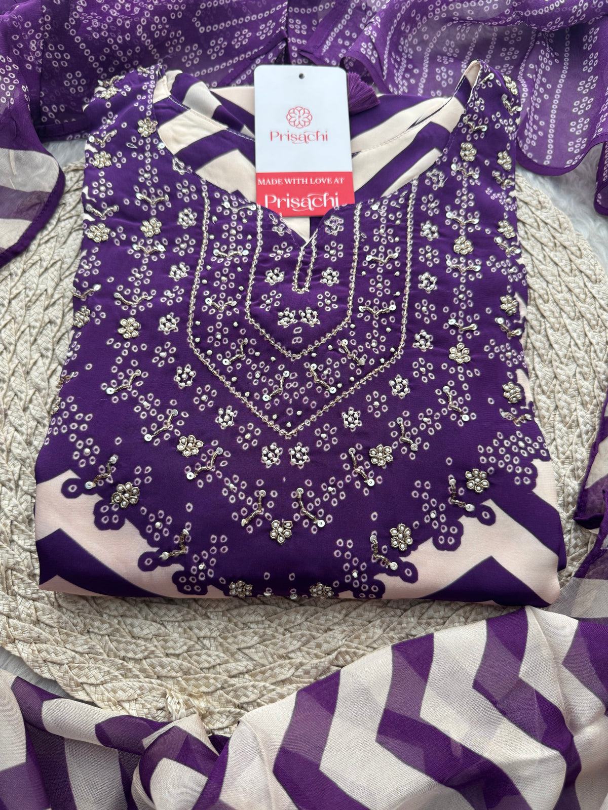 Purple Chevron Print Kurta Set with Pants & Dupatta| Embroidered Yoke Ethnic Office & Festive Wear