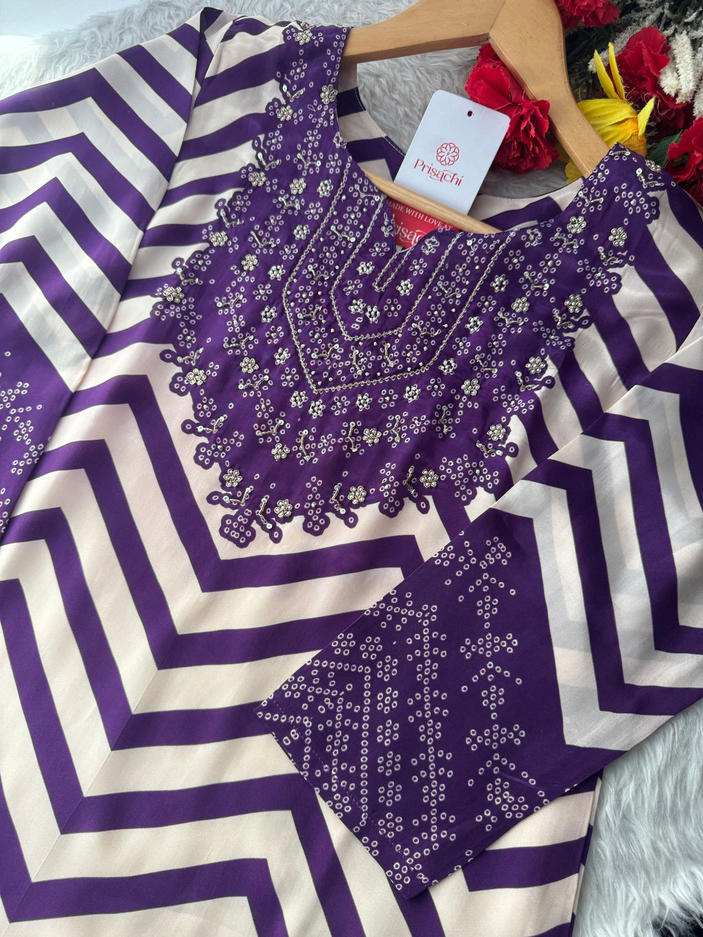 Purple Chevron Print Kurta Set with Pants & Dupatta| Embroidered Yoke Ethnic Office & Festive Wear