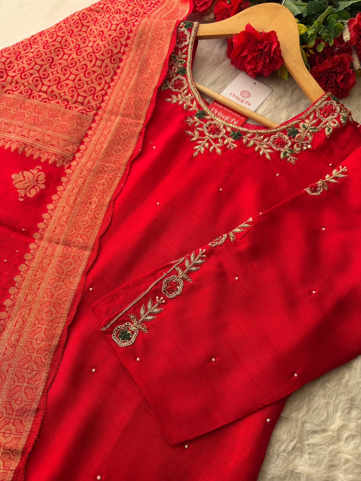 Blue Embroidered Kurta Set with Banarasi Dupatta & Pants | Hand Embroidery Ethnic Suit Set