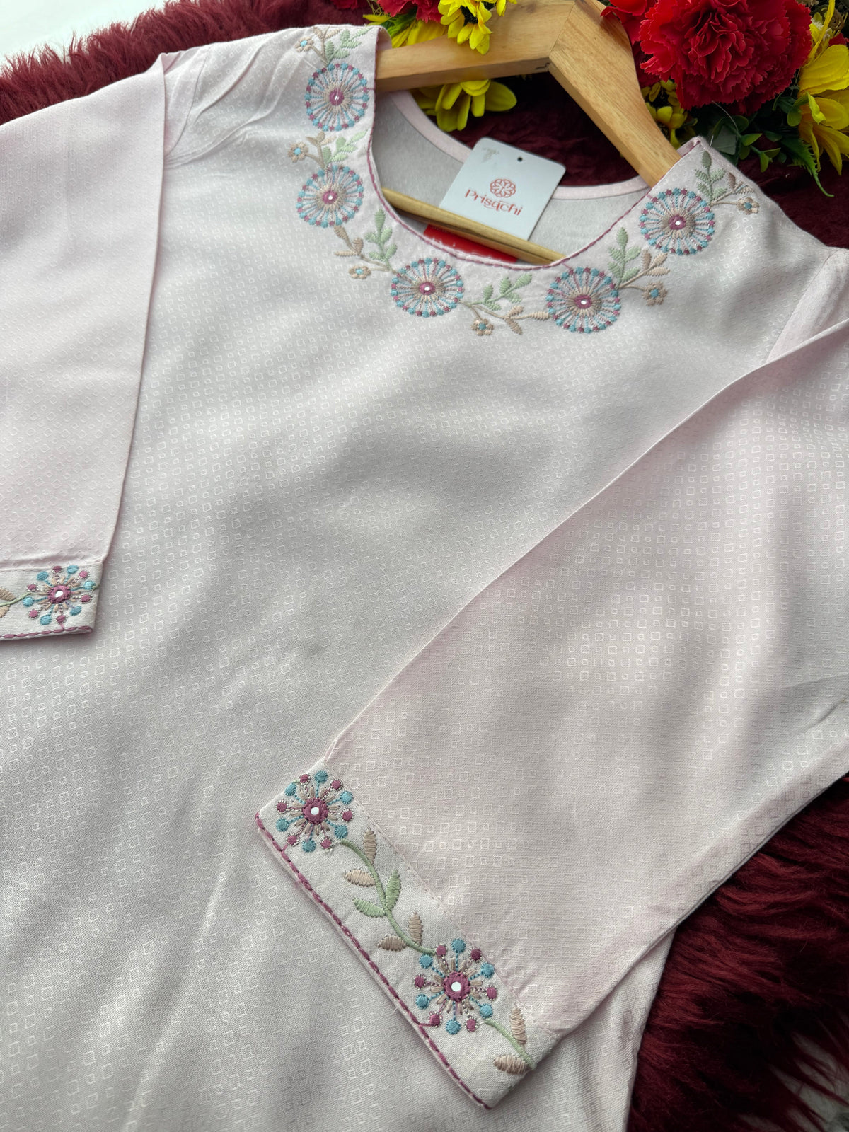Baby Pink Short Straight Embroidered Kurti for Women | Casual Office Wear Ethnic
