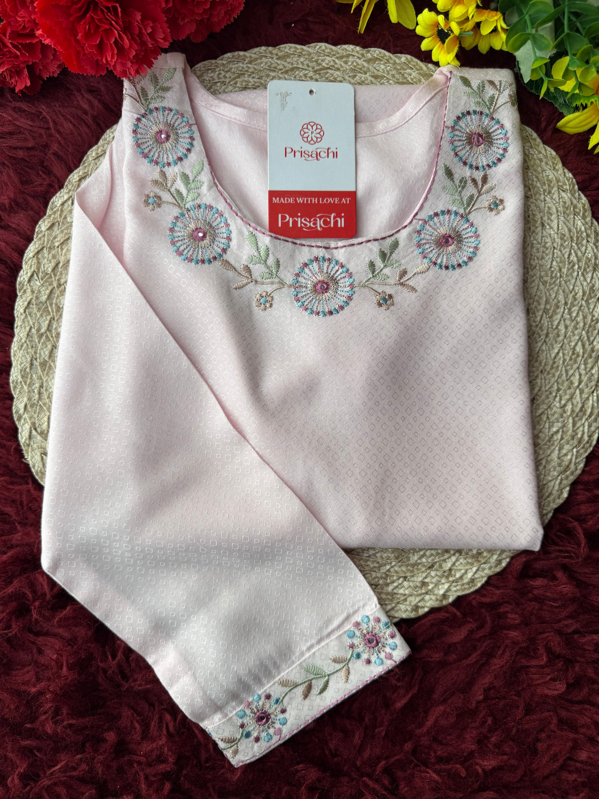 Baby Pink Short Straight Embroidered Kurti for Women | Casual Office Wear Ethnic