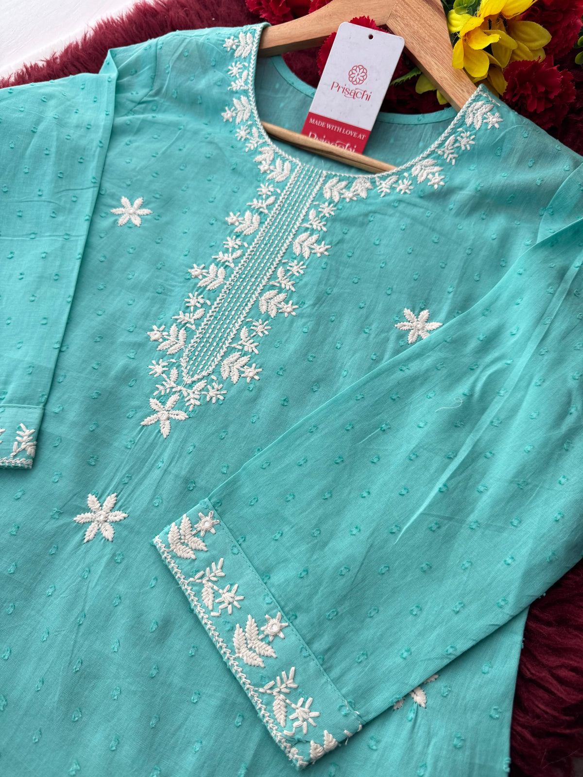 Aqua Blue Short Straight White Thread Embroidered Ethnic Kurti for Women