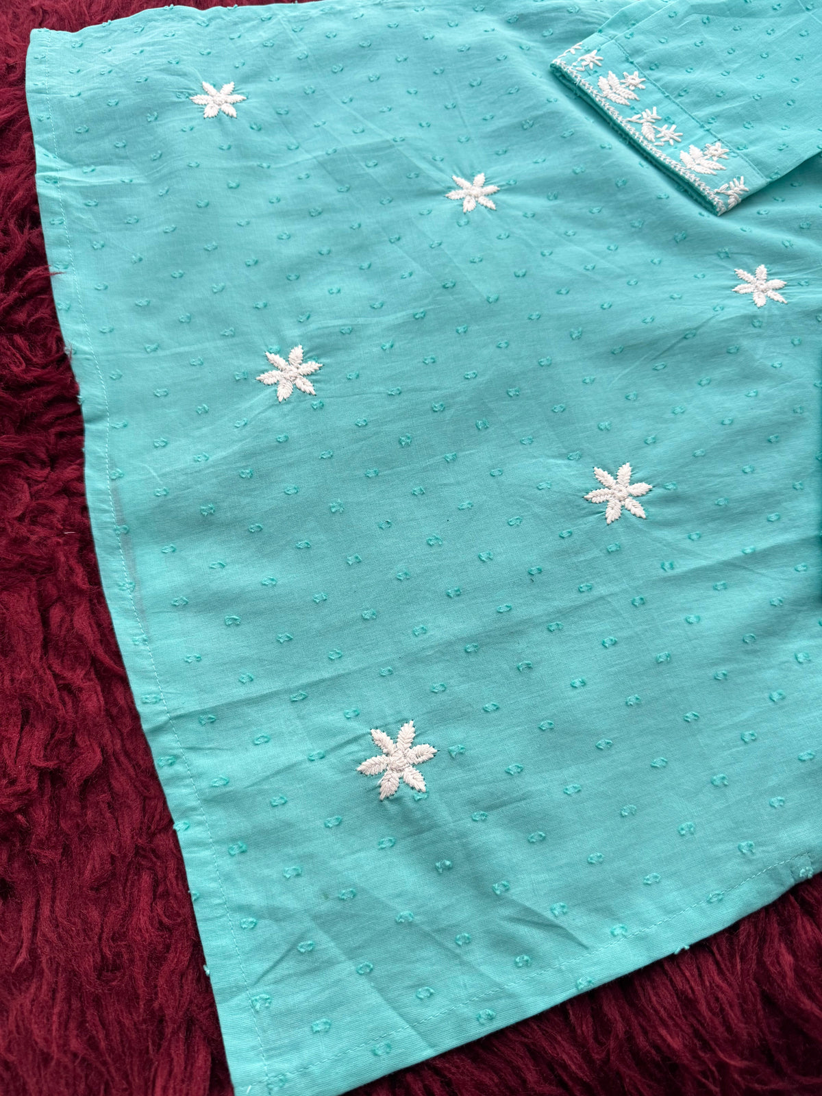 Aqua Blue Short Straight White Thread Embroidered Ethnic Kurti for Women