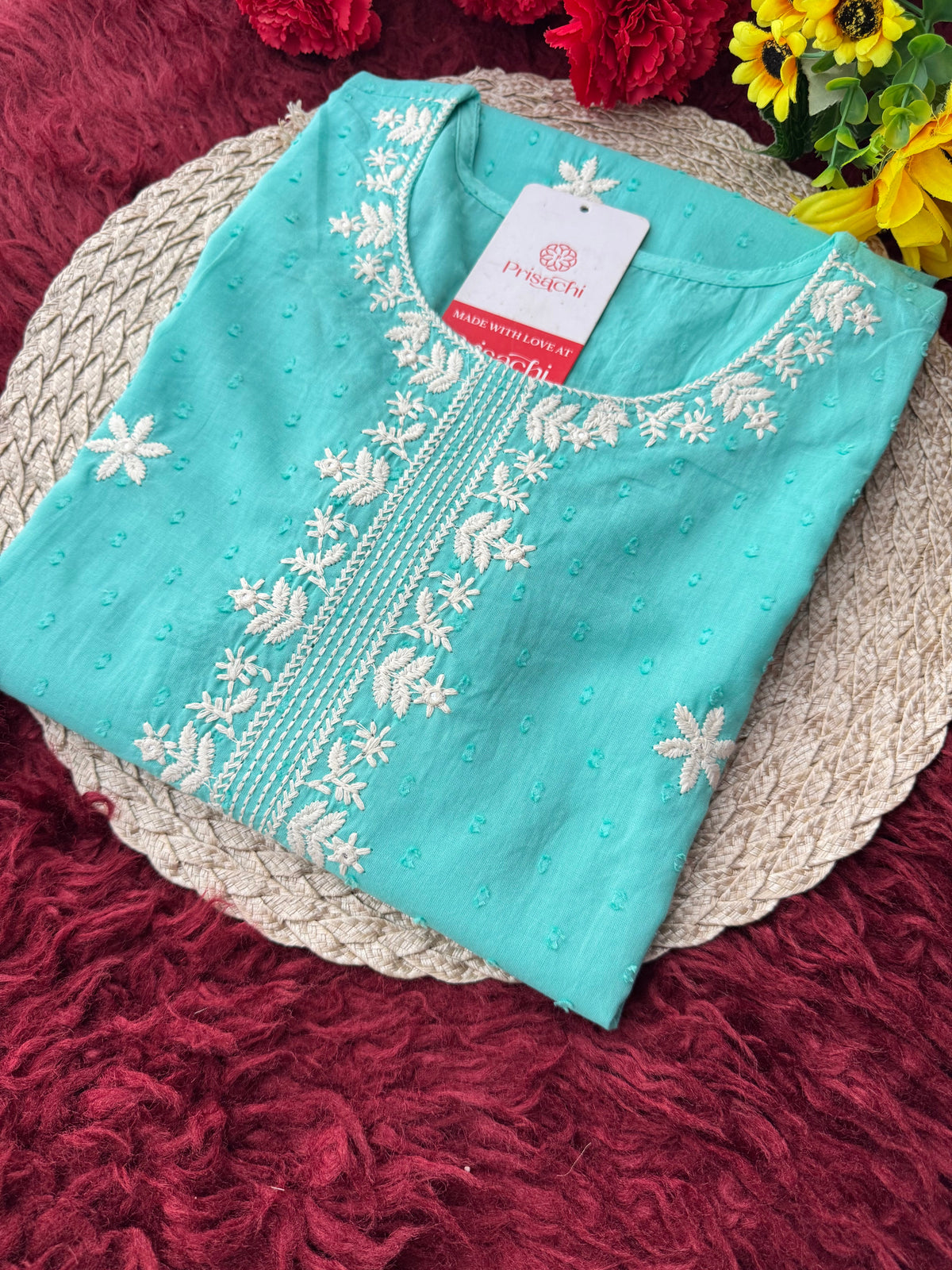 Aqua Blue Short Straight White Thread Embroidered Ethnic Kurti for Women