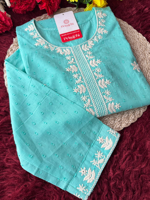 Aqua Blue Short Straight White Thread Embroidered Ethnic Kurti for Women