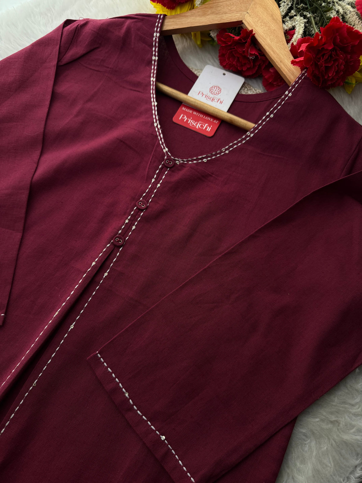 Wine Short Straight Thread Embroidered Kurti for Women