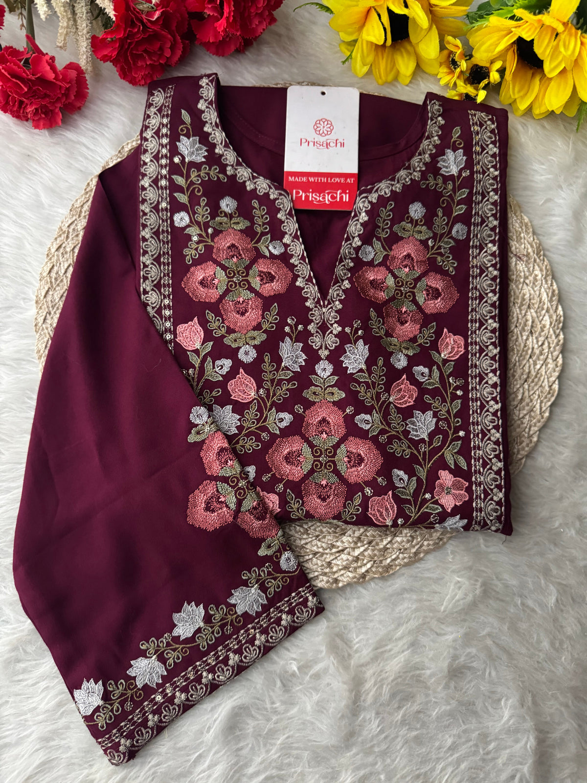 Wine Short Straight Embroidered Ethnic Kurti for Women | Casual Office Wear Daily Wear