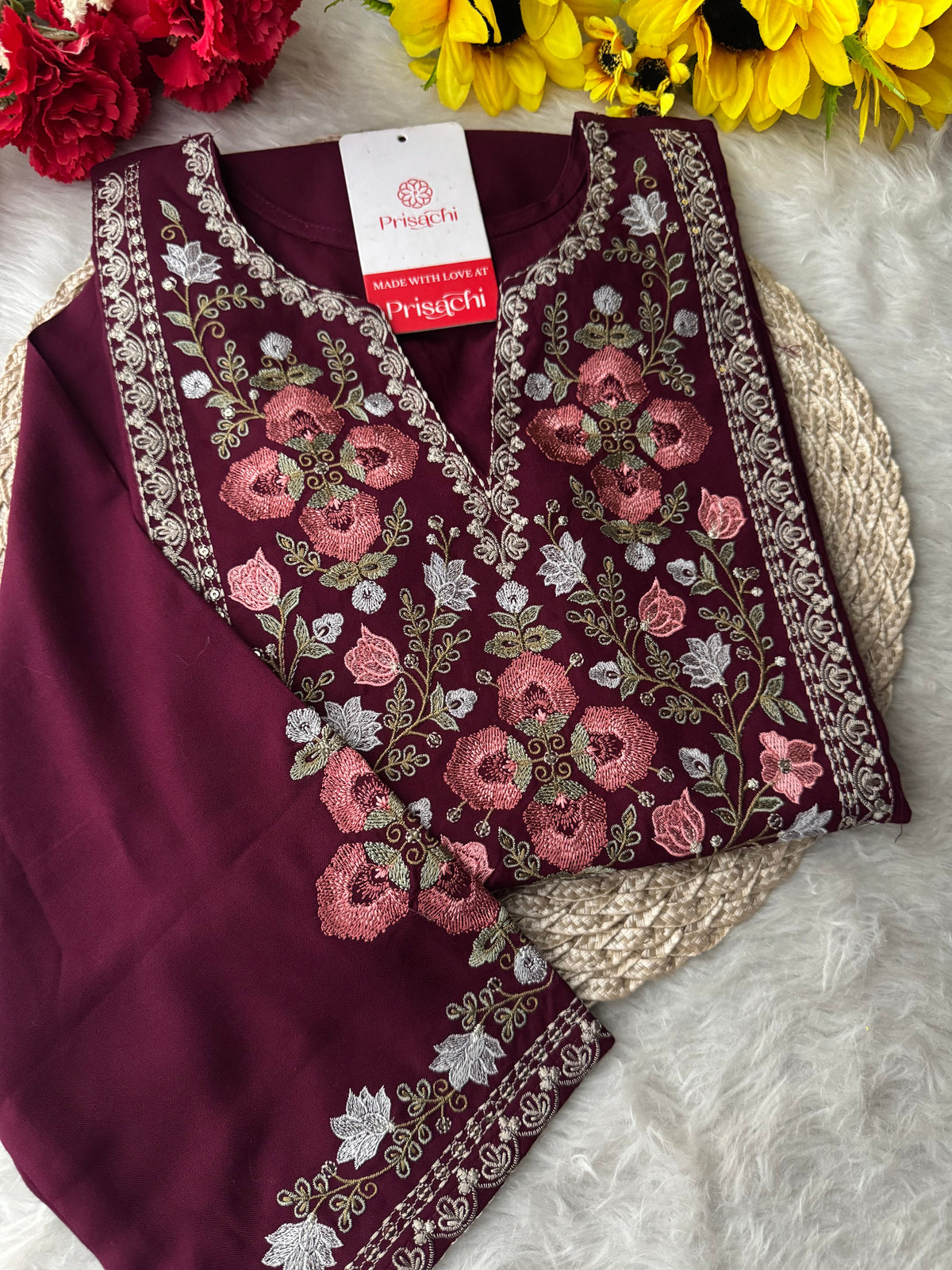 Wine Short Straight Embroidered Ethnic Kurti for Women | Casual Office Wear Daily Wear