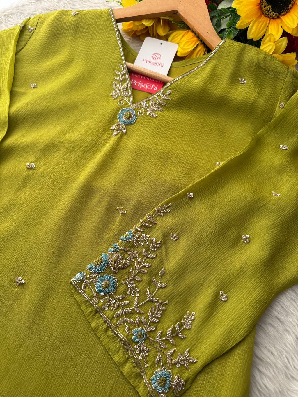 Green Designer Embroidered A-Line Kurta Set with Dupatta & Pants