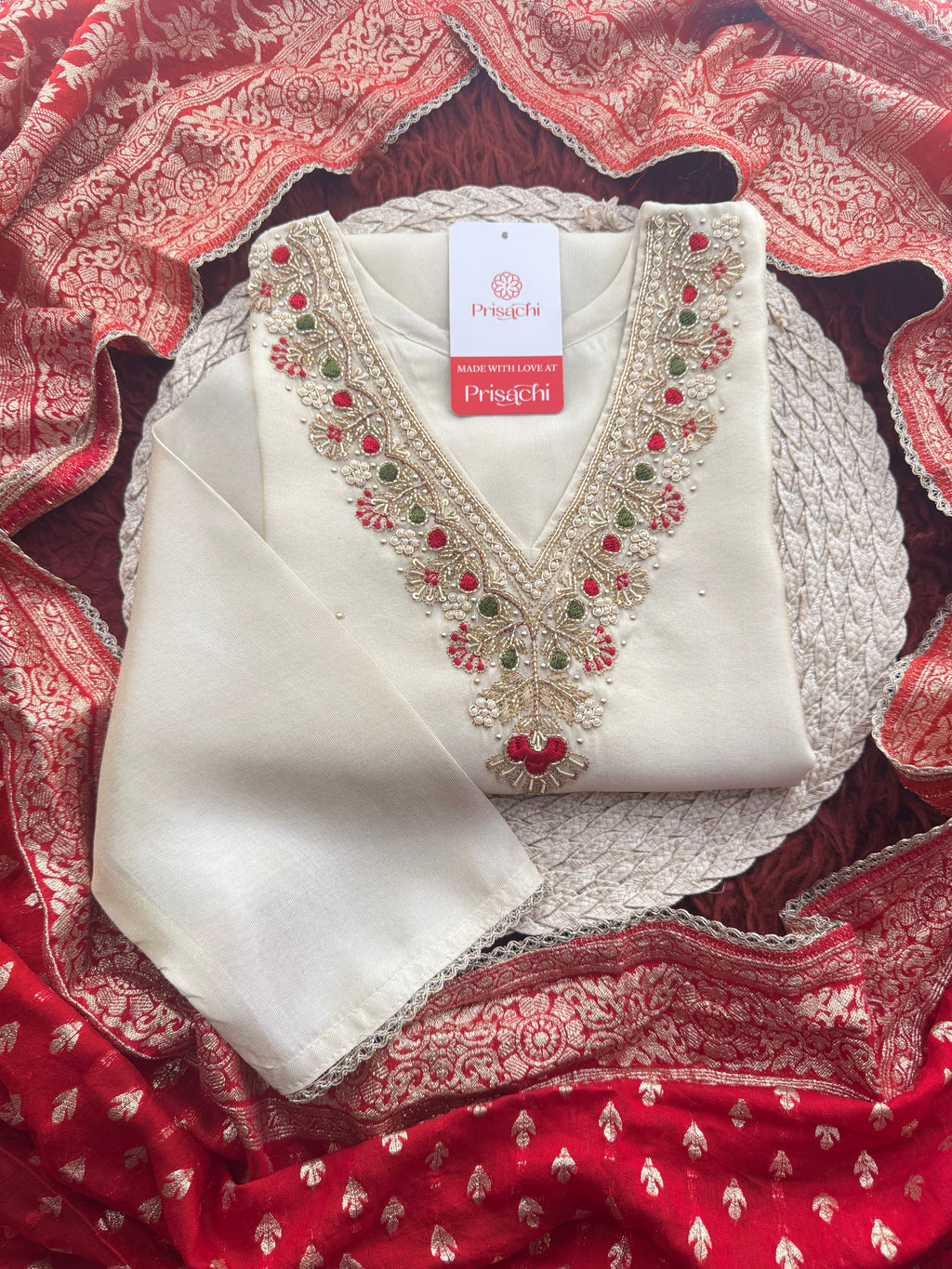 Off White Embroidered Kurta Set with Pants And Red Banarasi Dupatta for Women