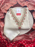 Off White Embroidered Kurta Set with Pants And Red Banarasi Dupatta for Women