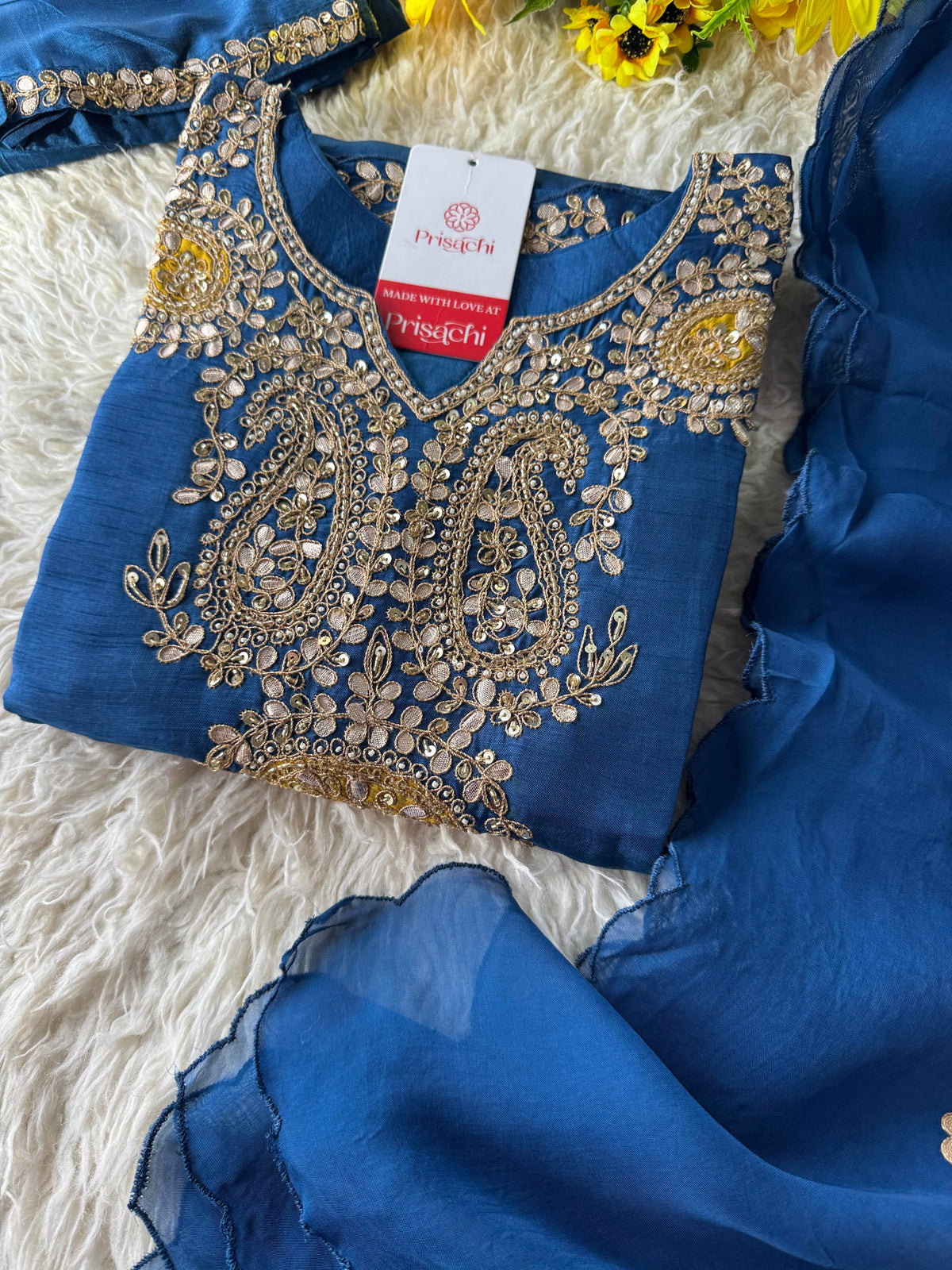 Blue Designer Embroidered kurta pant with dupatta.
