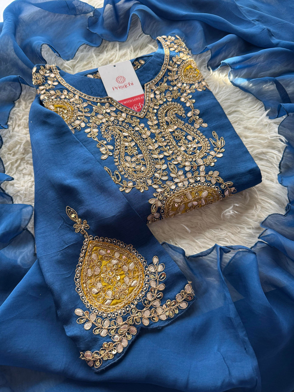 Blue Designer Embroidered kurta pant with dupatta.