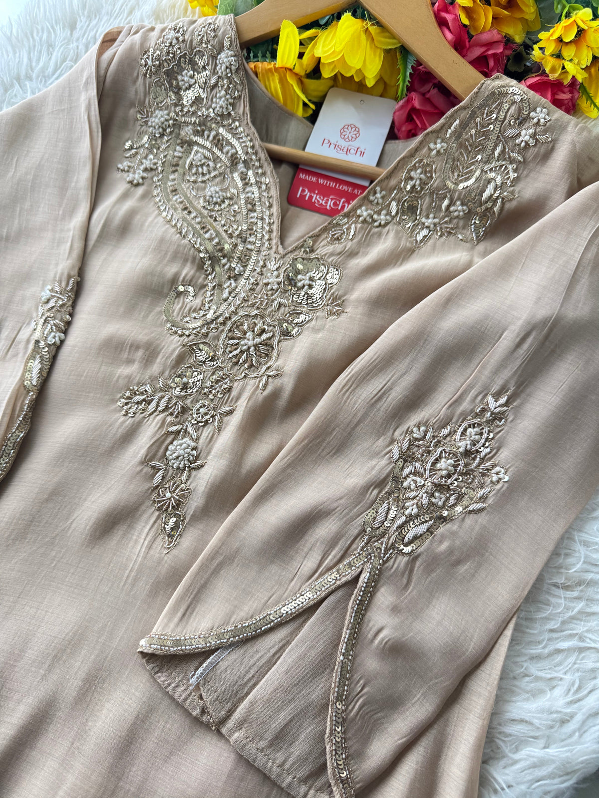 Beige Designer Embroidered kurta set with pant with dupatta