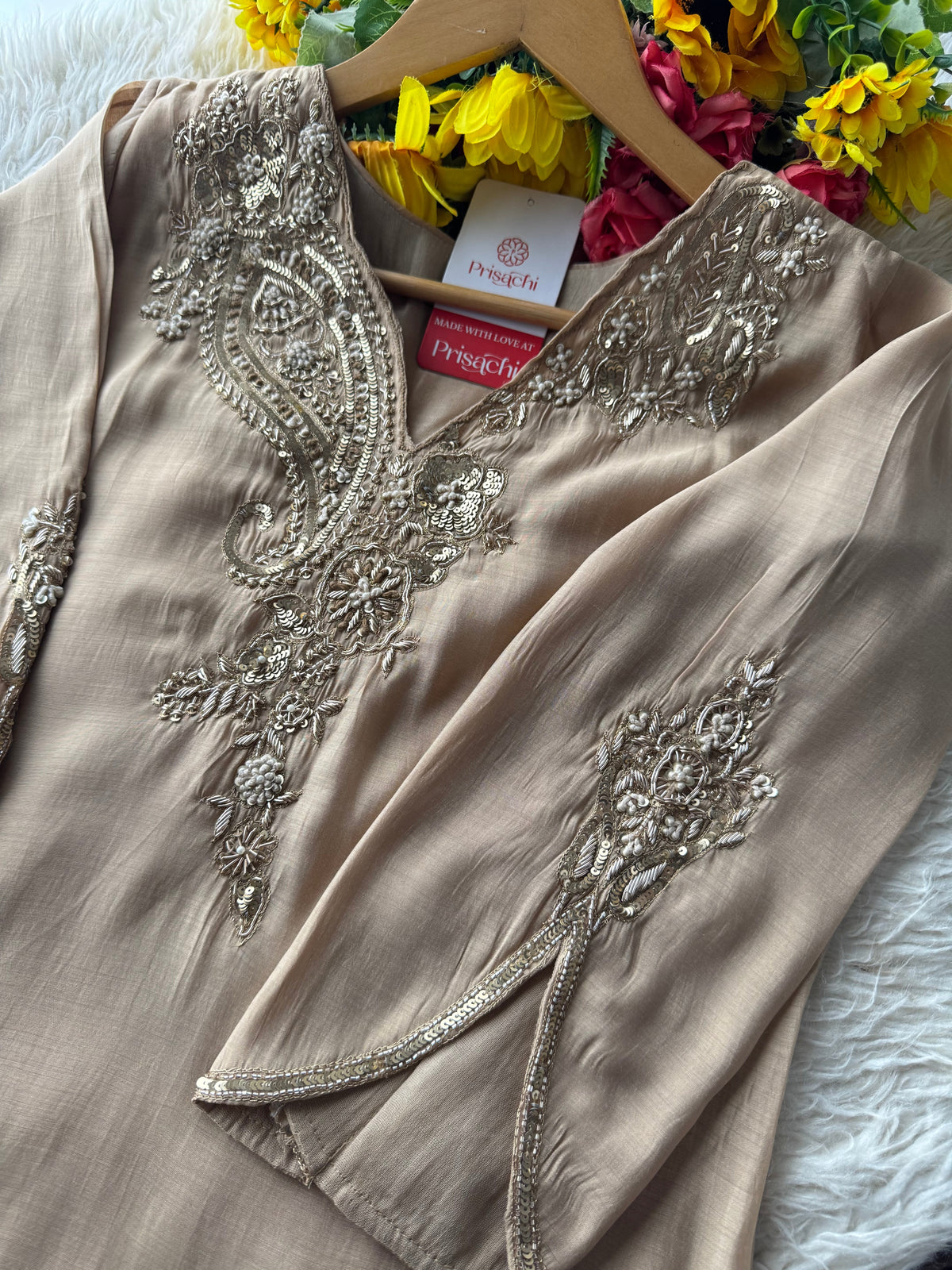 Beige Designer Embroidered kurta set with pant with dupatta