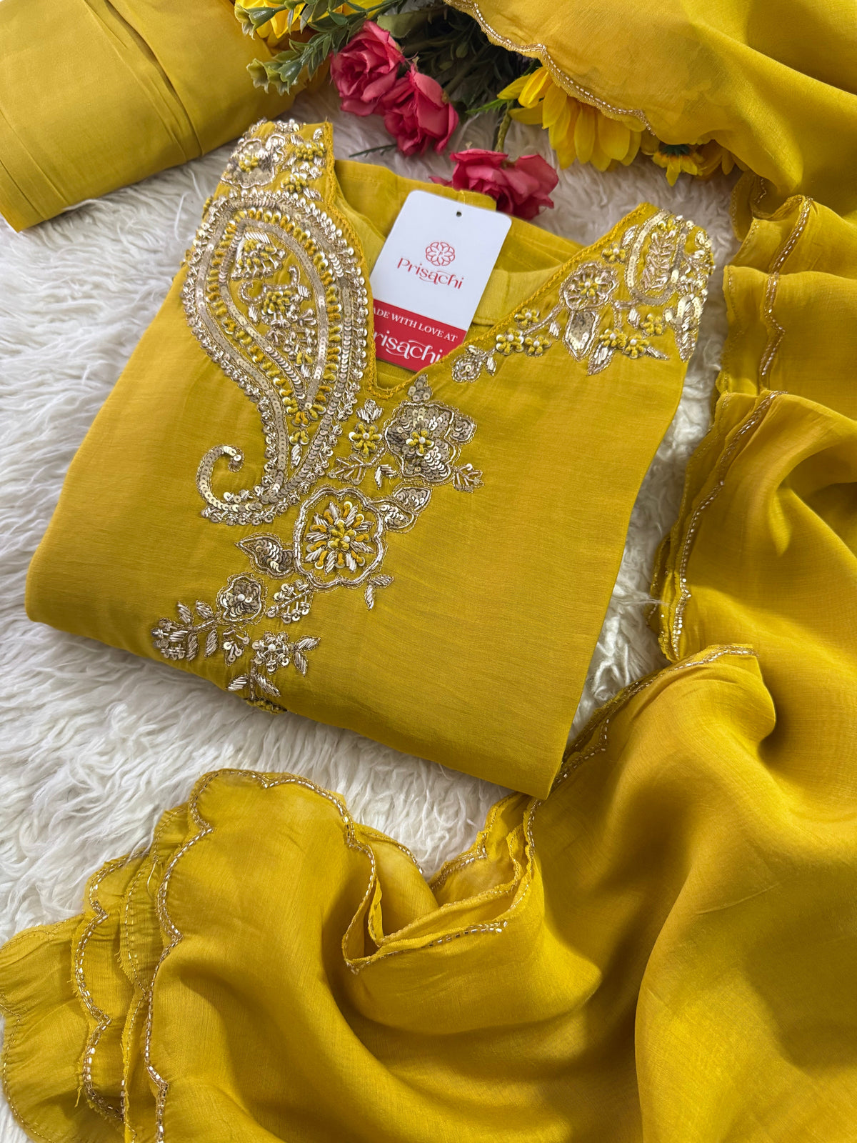 Yellow Designer Embroidered kurta set with pant with dupatta