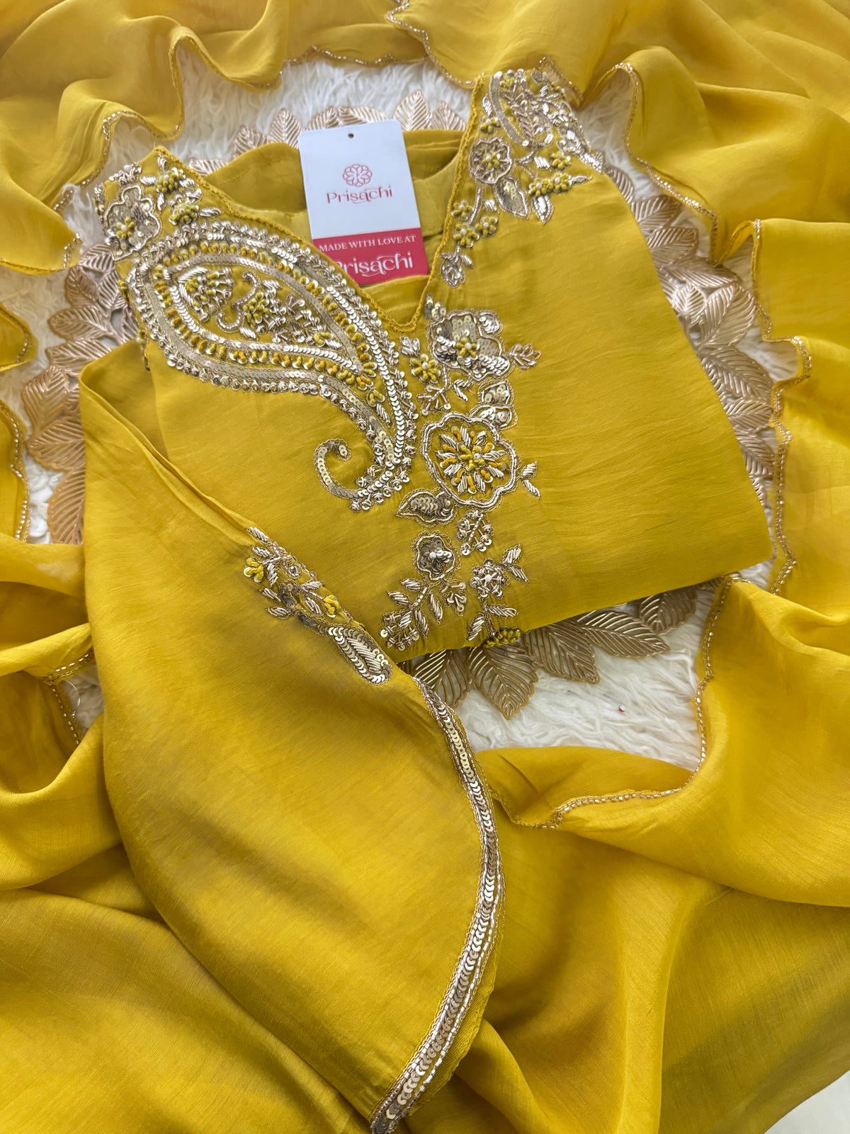Yellow Designer Embroidered kurta set with pant with dupatta
