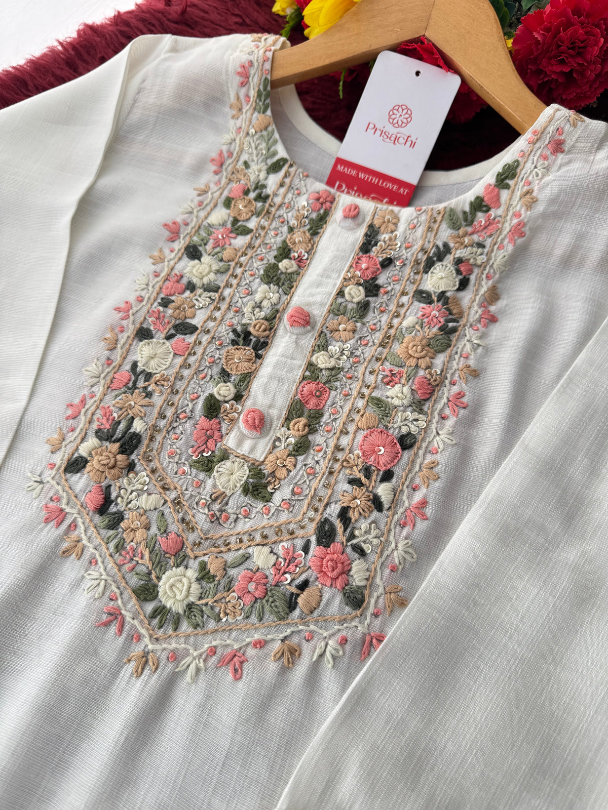 White Thread Embroidered Straight Kurti Pant Co-ord Set for Women | Ethnic Office Wear & Daily Wear Outfit