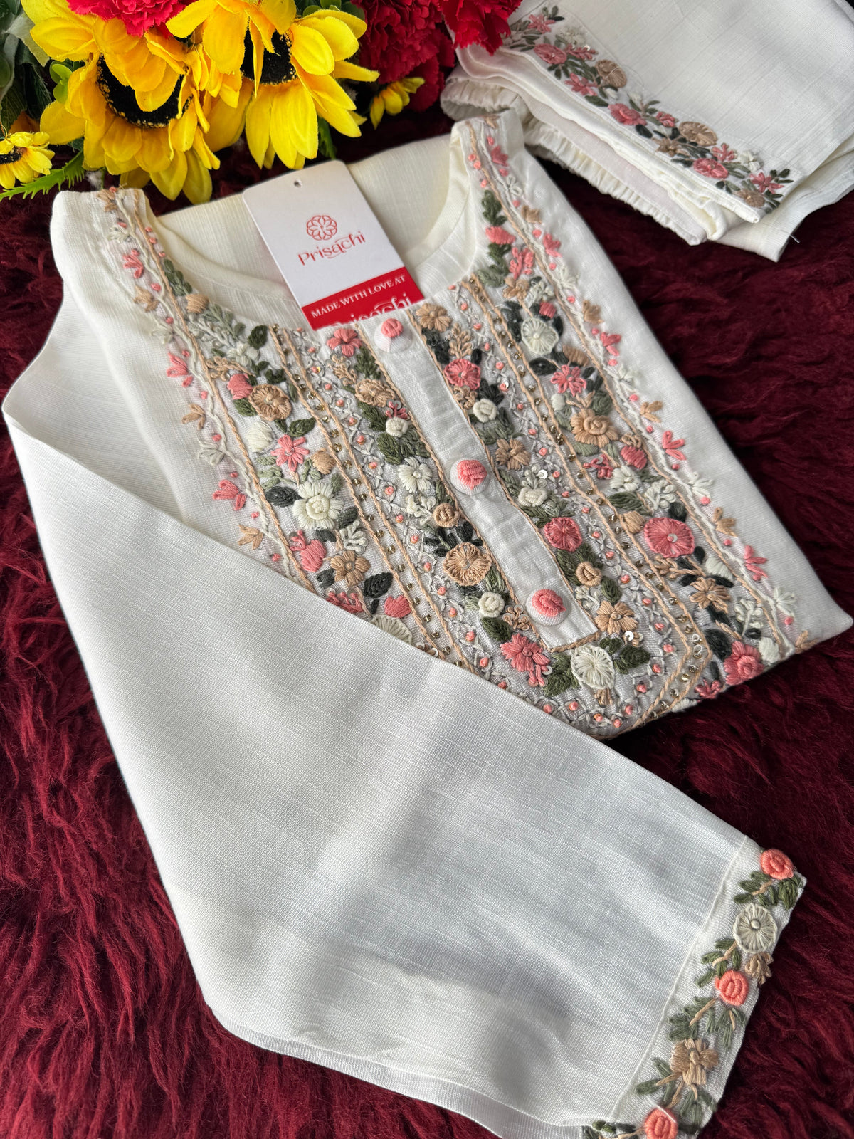 White Thread Embroidered Straight Kurti Pant Co-ord Set for Women | Ethnic Office Wear & Daily Wear Outfit