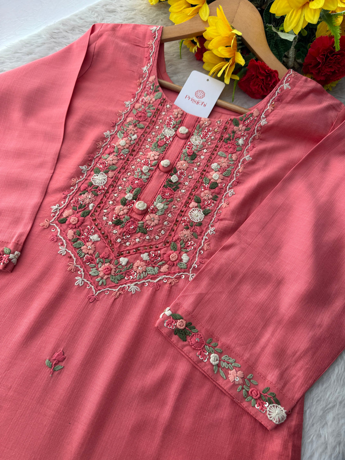 Pink Thread Embroidered Straight Kurti Pant Co-ord Set for Women | Ethnic Office Wear & Daily Wear Outfit