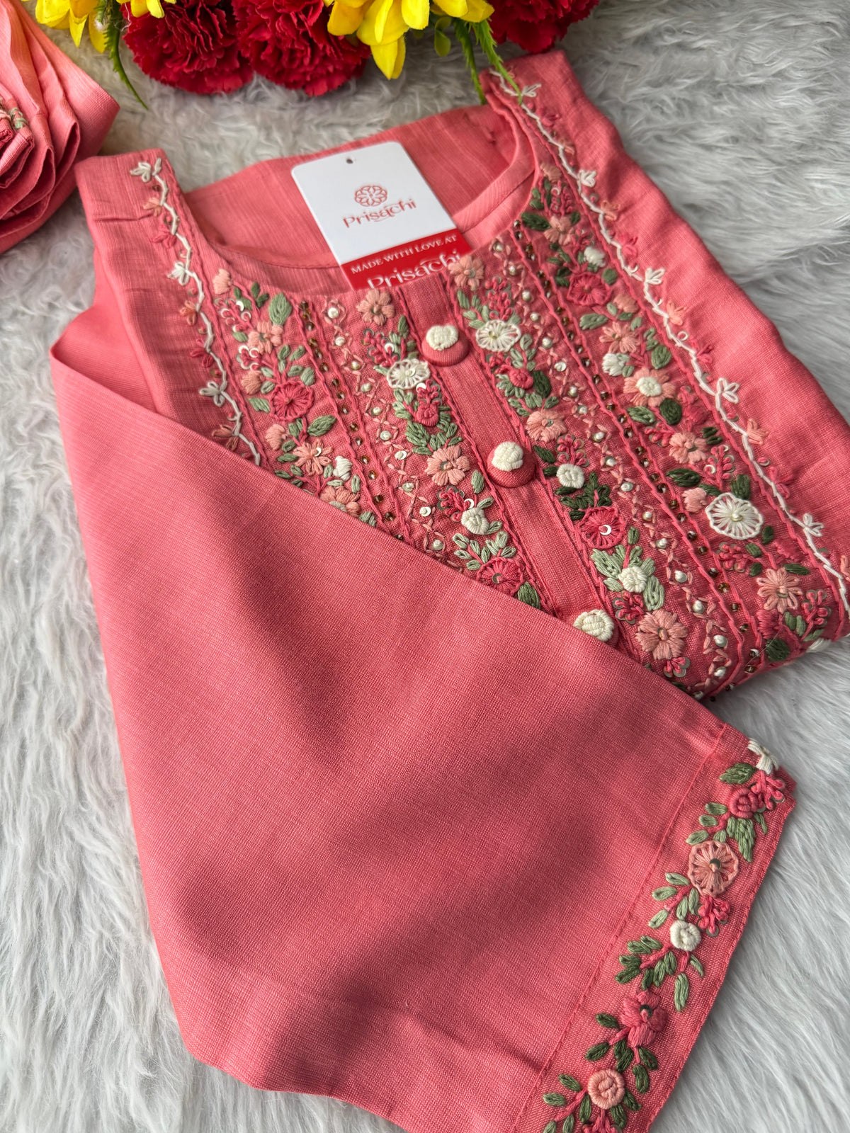 Pink Thread Embroidered Straight Kurti Pant Co-ord Set for Women | Ethnic Office Wear & Daily Wear Outfit