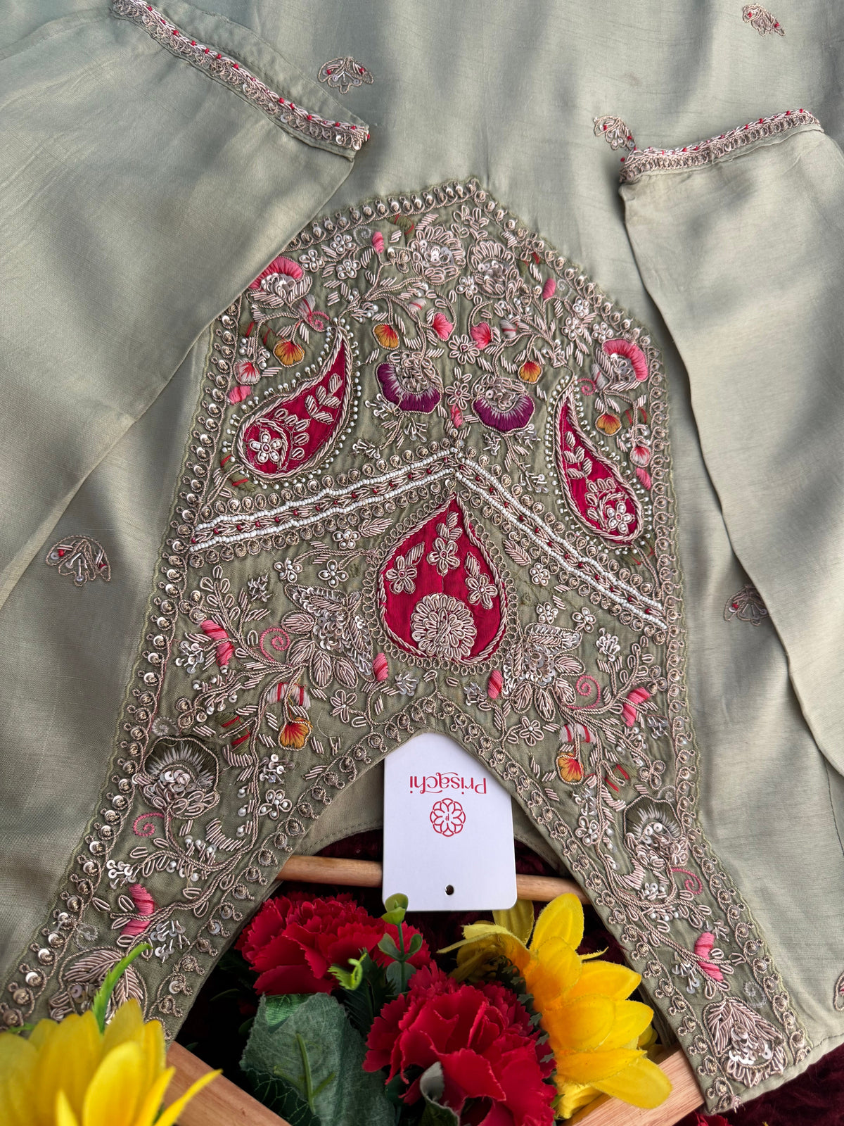 Sage Green Embroidered Designer Ethnic Kurta Set for Women with Palazzo & Dupatta