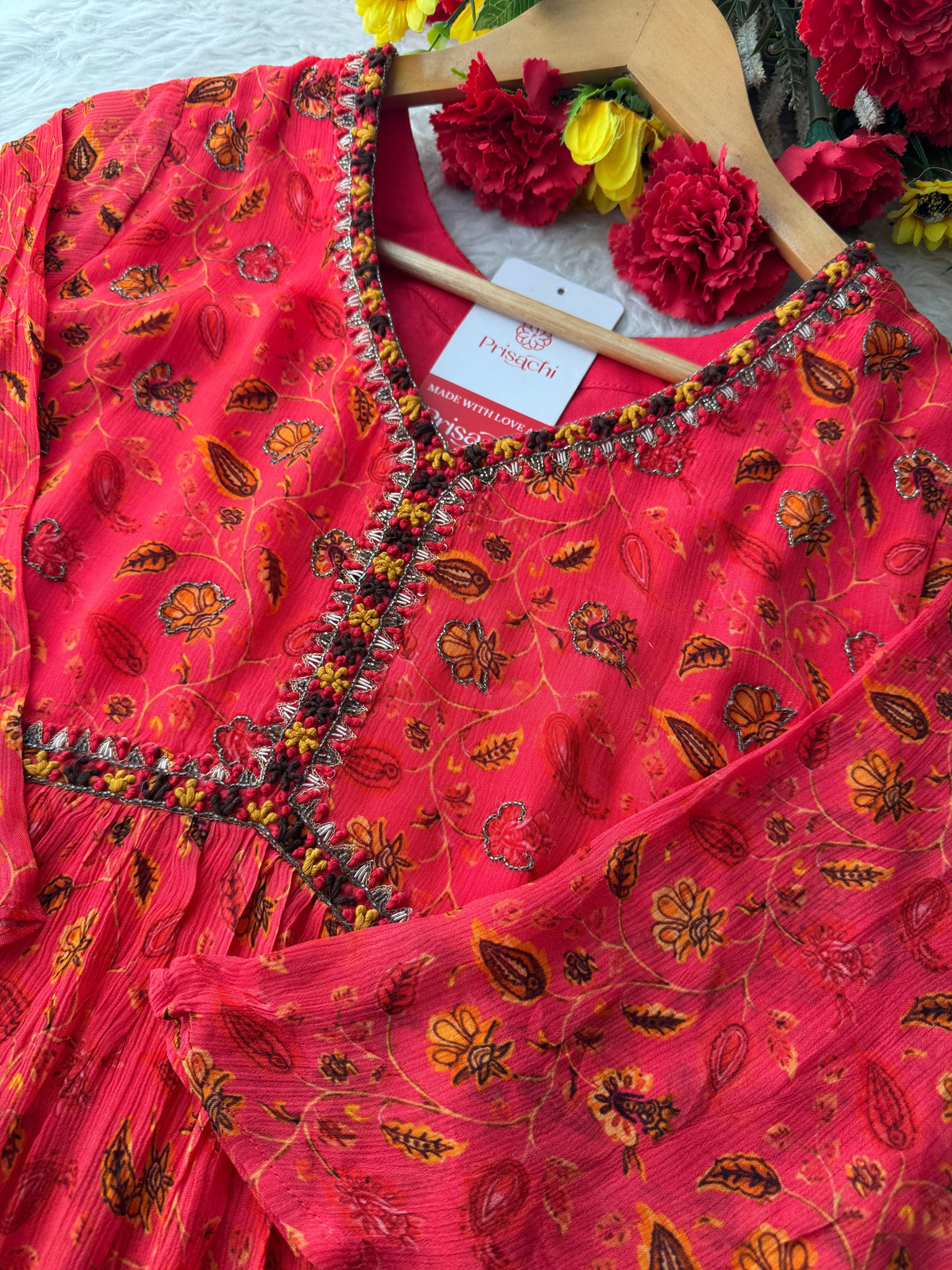 Pink Floral Embriodered Anarkali Kurta Set with Dupatta and Pants | Ethnic Festive Wear for Women