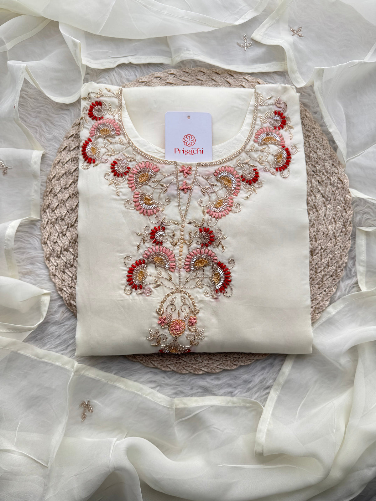 White Zardozi Embroidered Kurta Set with Dupatta & Pants for Women | Traditional Ethnic Suit Set