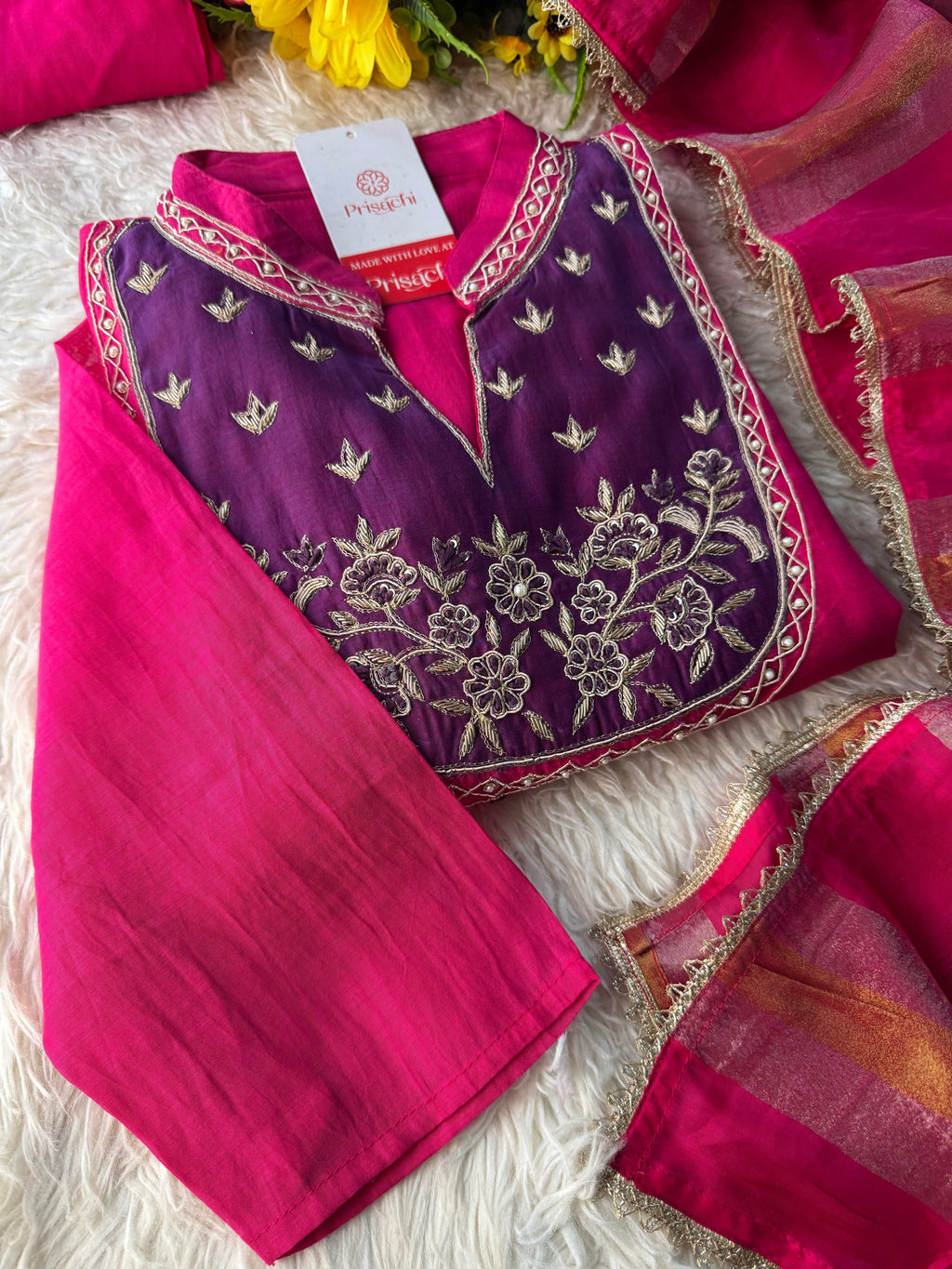 Pink hand embroidered A Line kurta pant with dupatta