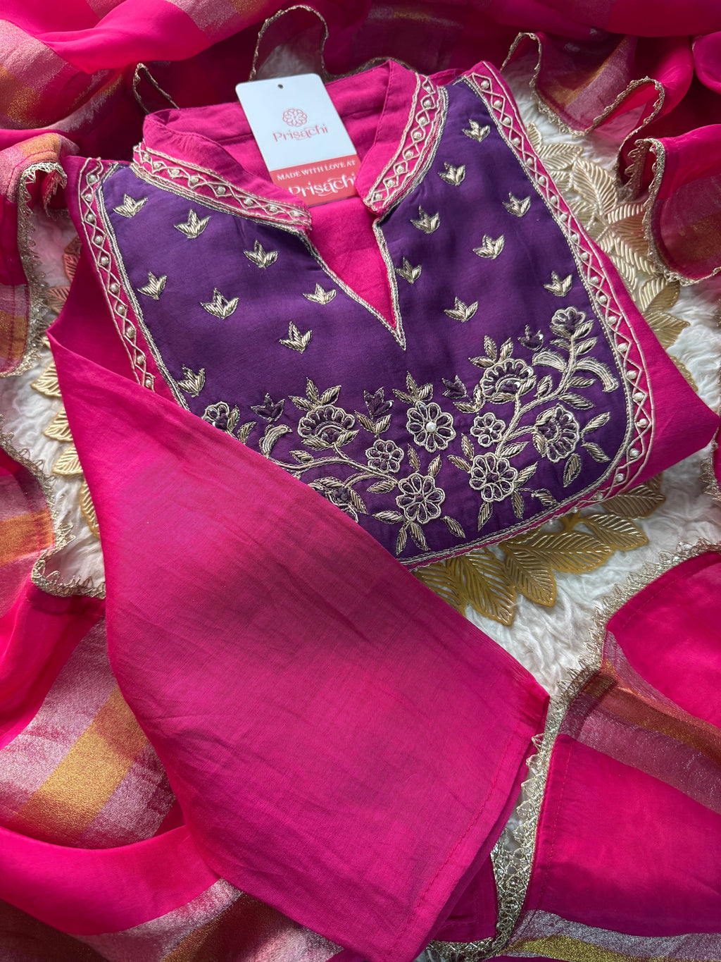 Pink hand embroidered A Line kurta pant with dupatta