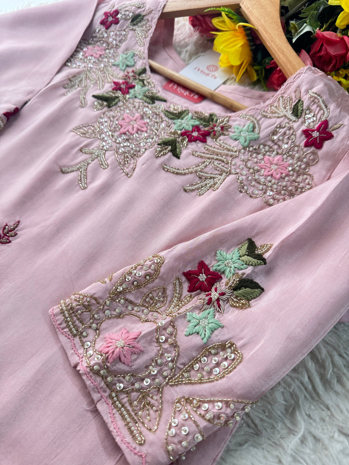 Prisachi Pink Embroidered Kurta Set with Palazzo & Dupatta for Women