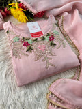 Prisachi Pink Embroidered Kurta Set with Palazzo & Dupatta for Women