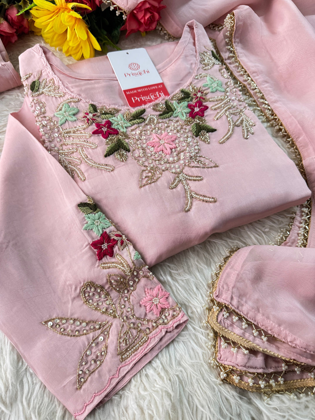 Prisachi Pink Embroidered Kurta Set with Palazzo & Dupatta for Women
