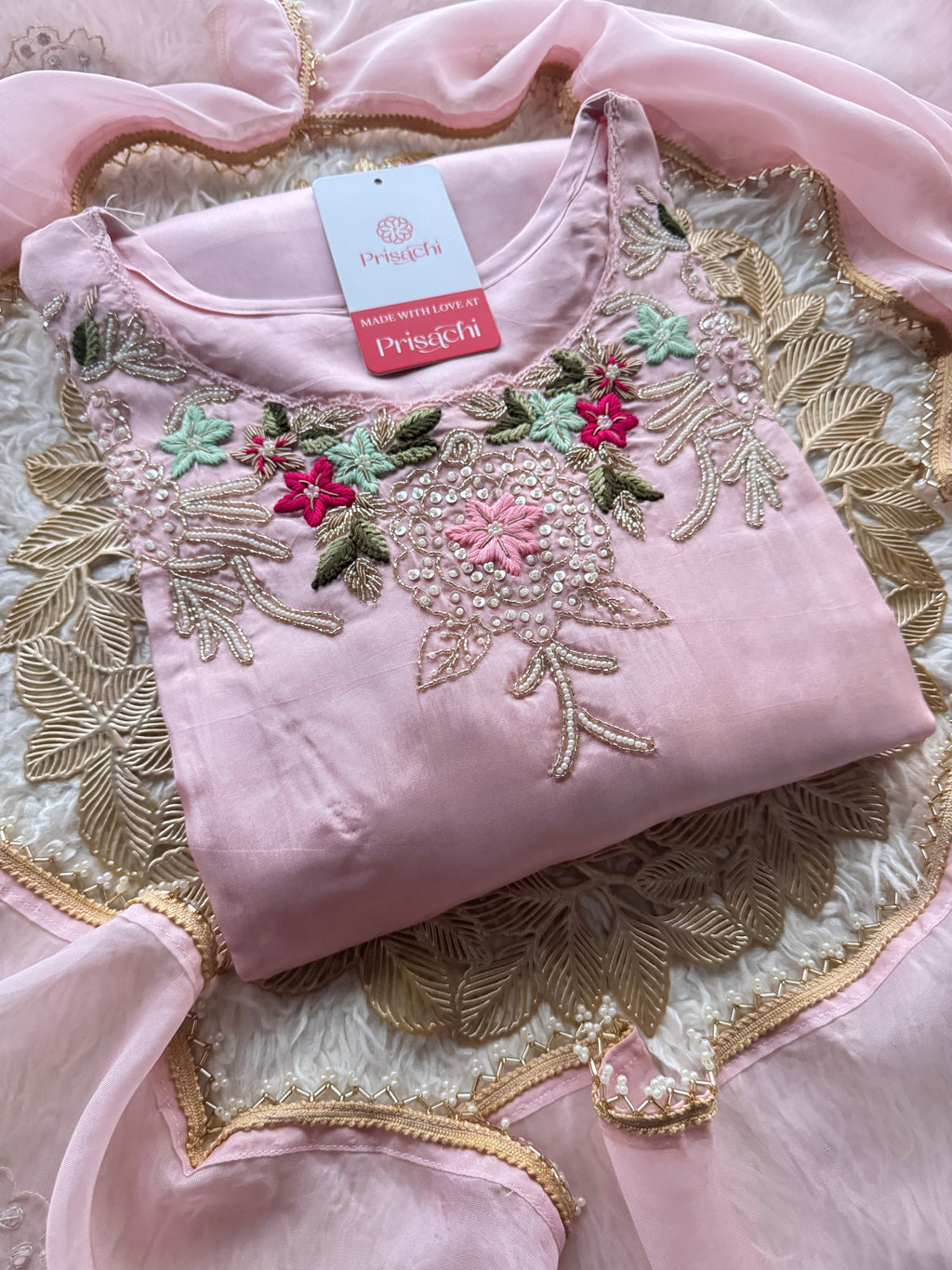 Prisachi Pink Embroidered Kurta Set with Palazzo & Dupatta for Women