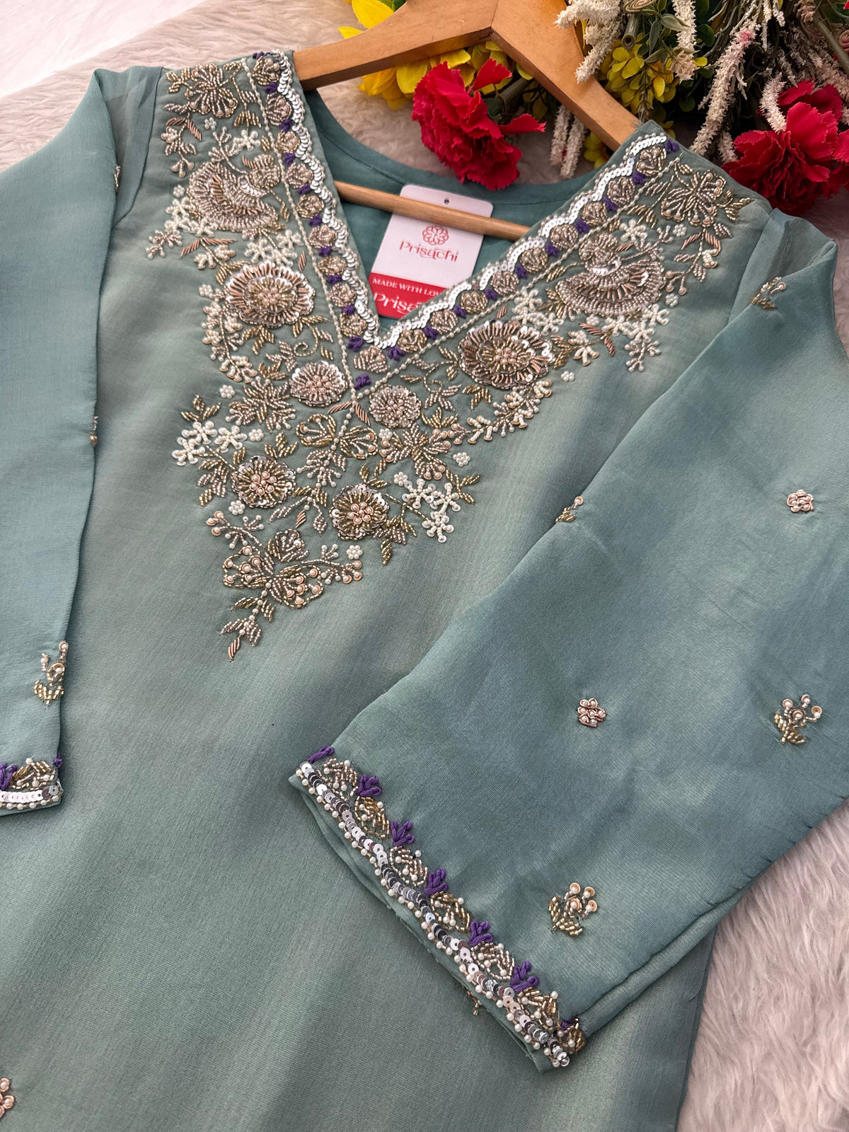 Teal Blue Zardozi Embroidered Kurta Set with Pants & Dupatta for Women | Traditional Ethnic Wear