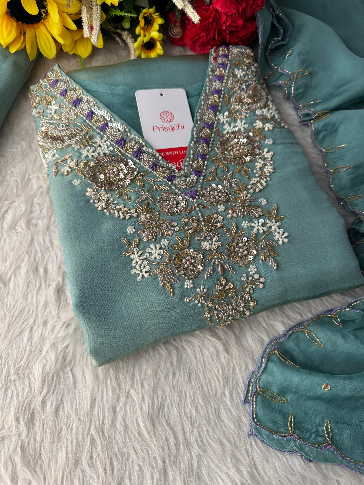 Teal Blue Zardozi Embroidered Kurta Set with Pants & Dupatta for Women | Traditional Ethnic Wear