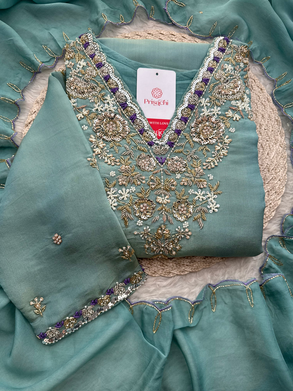 Teal Blue Zardozi Embroidered Kurta Set with Pants & Dupatta for Women | Traditional Ethnic Wear