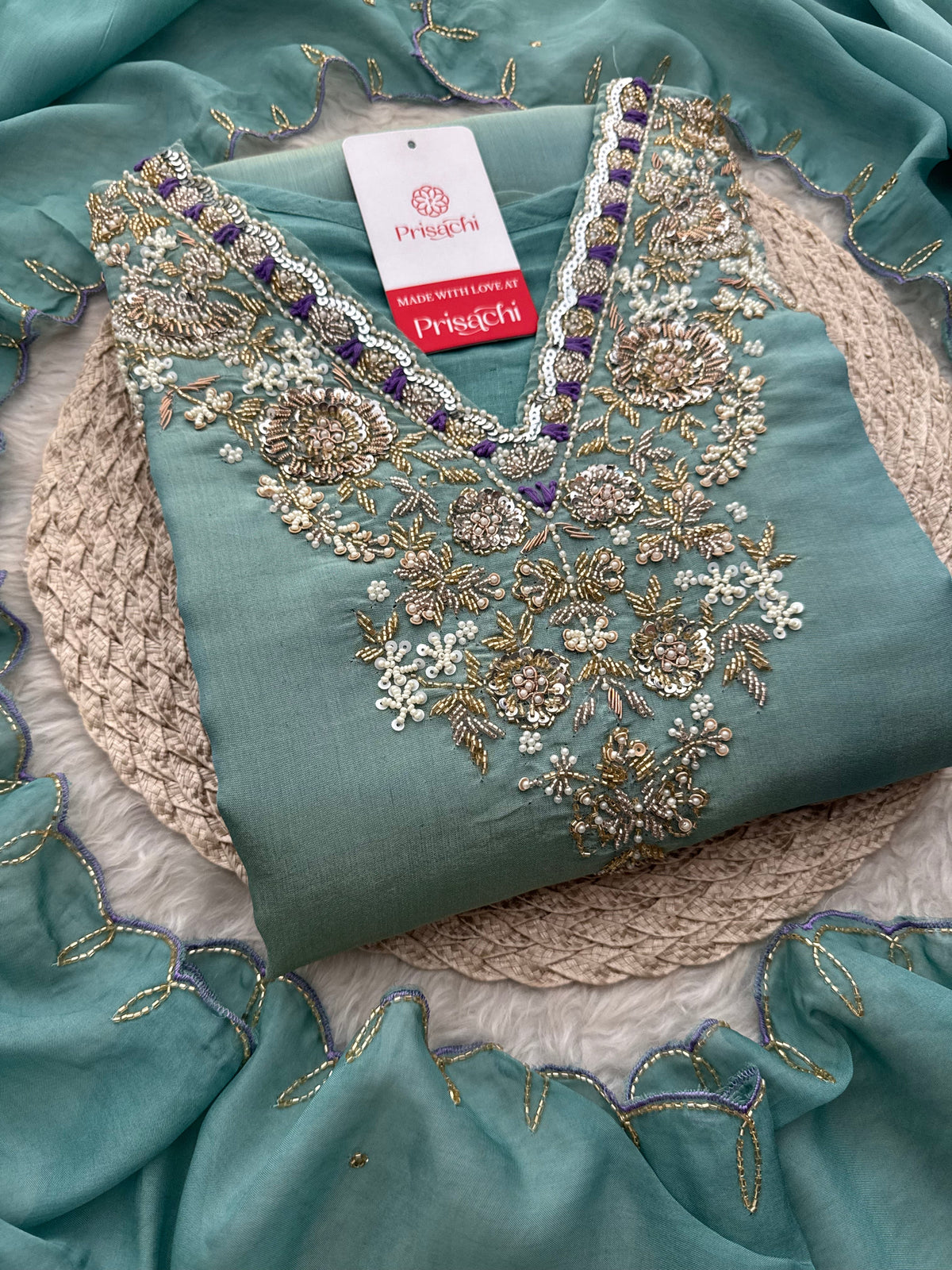 Teal Blue Zardozi Embroidered Kurta Set with Pants & Dupatta for Women | Traditional Ethnic Wear