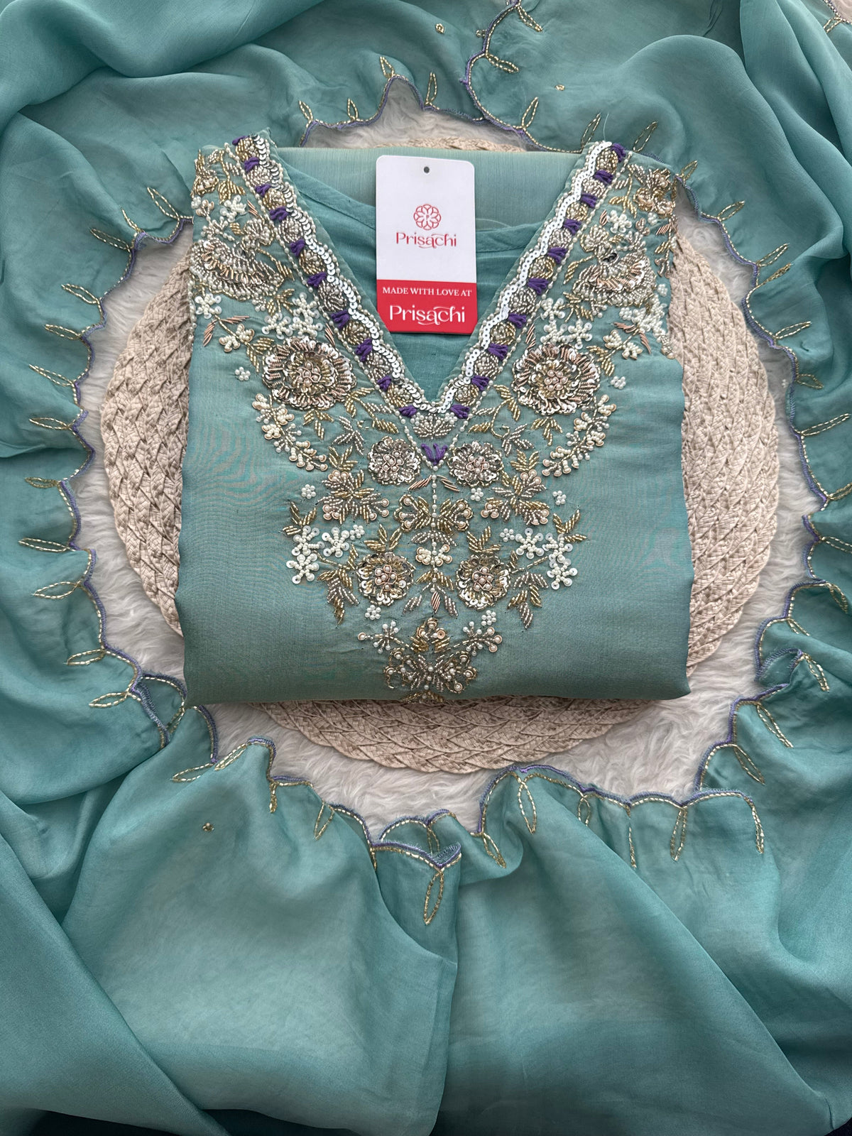Teal Blue Zardozi Embroidered Kurta Set with Pants & Dupatta for Women | Traditional Ethnic Wear