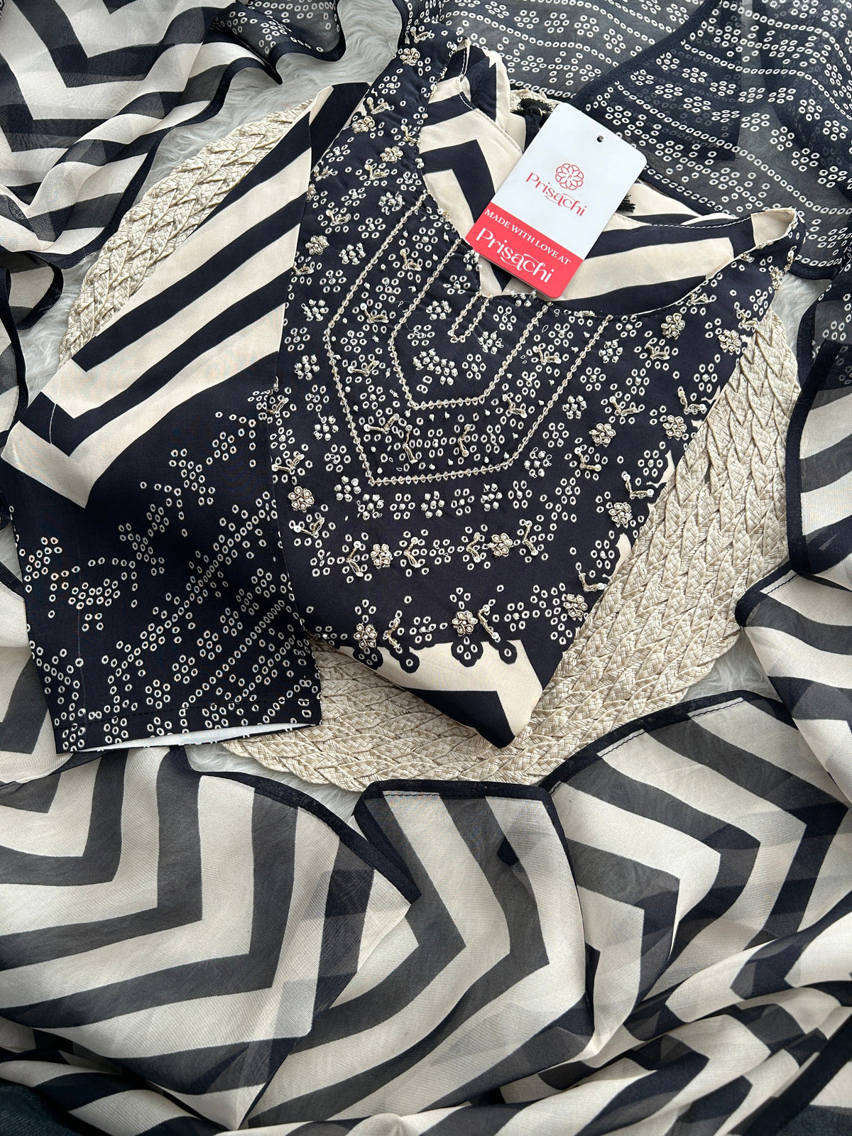 Black Chevron Print Kurta Set with Pants & Dupatta| Embroidered Yoke Ethnic Office & Festive Wear